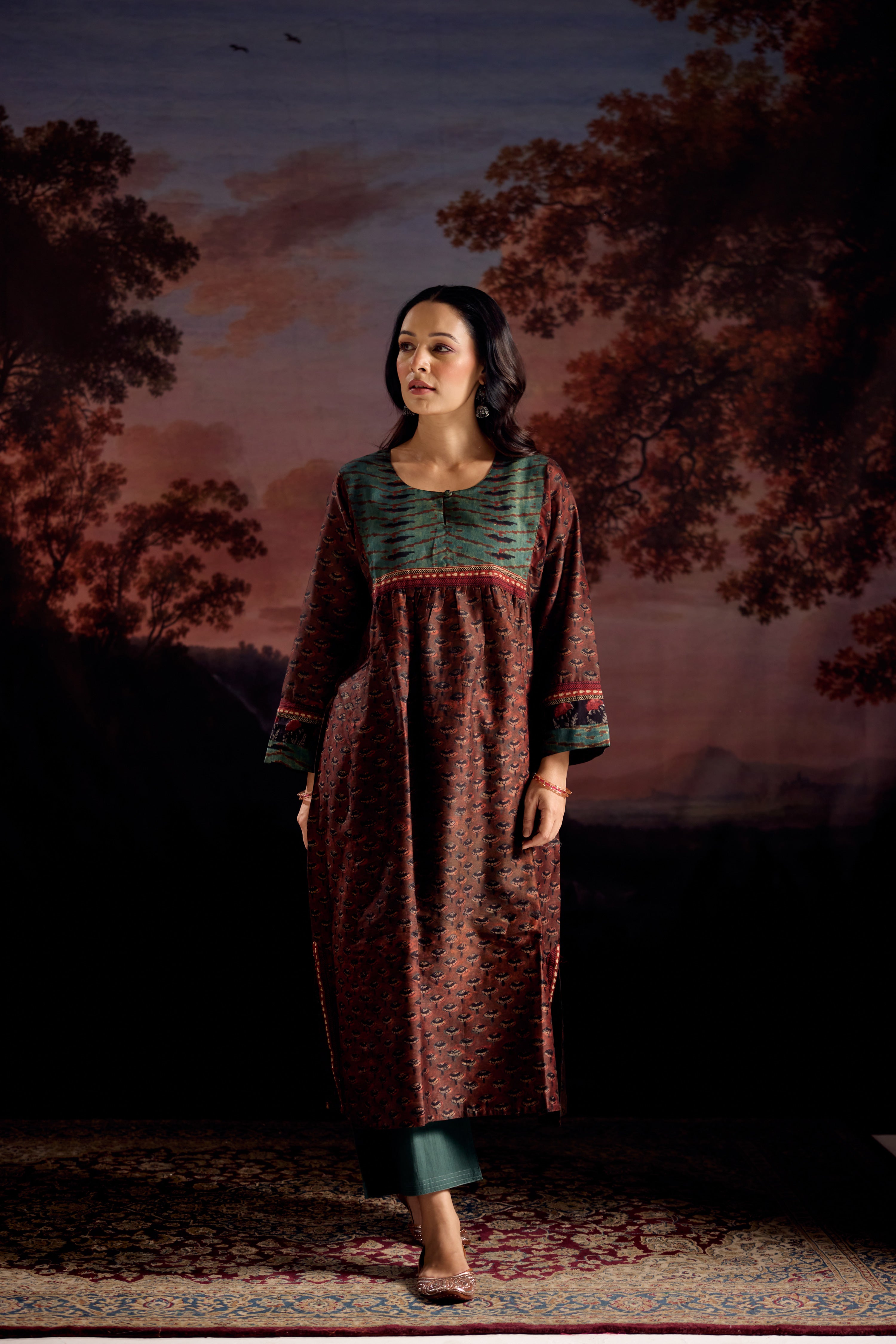 Banjara Chanderi Vanaspati Printed Kurta Rust Green (Set Of 3)