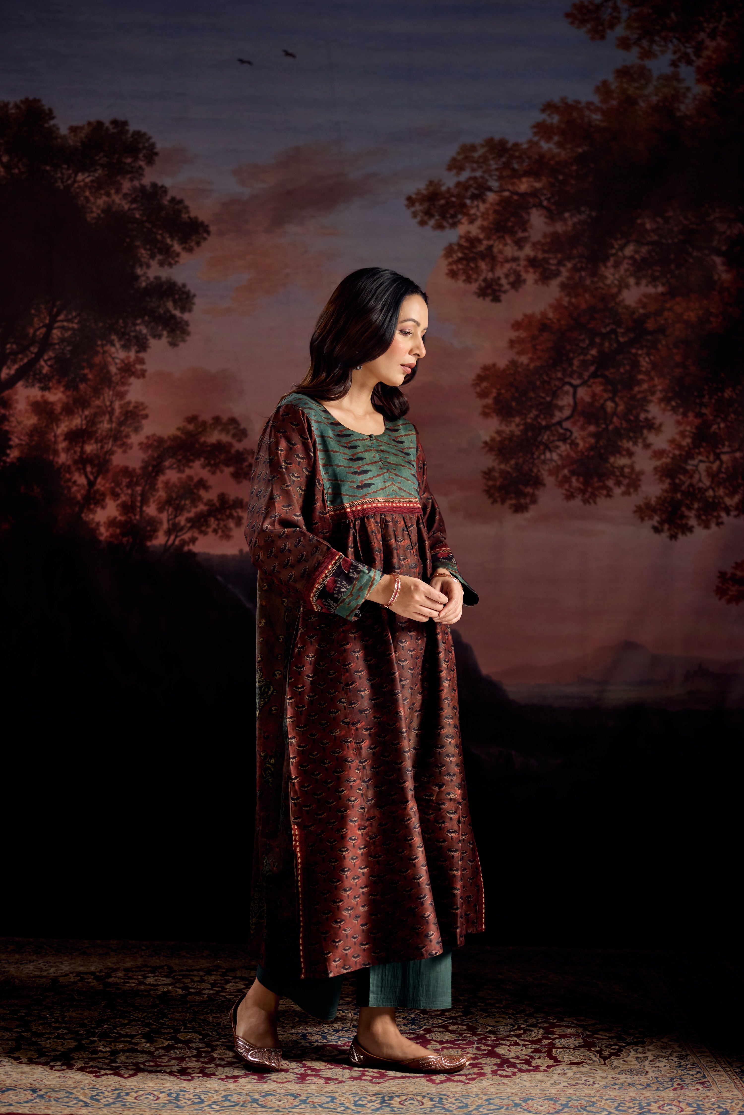 Banjara Chanderi Vanaspati Printed Kurta Rust Green (Set Of 3)