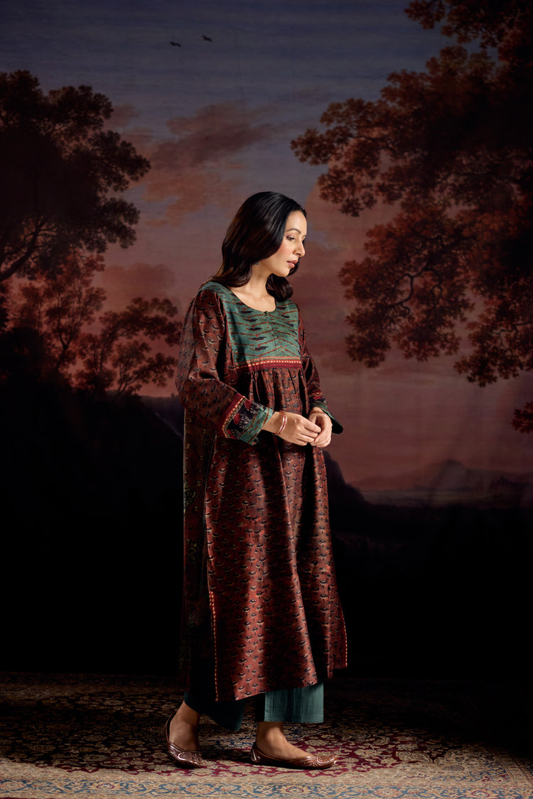 Banjara Chanderi Vanaspati Printed Kurta Rust Green (Set Of 3)