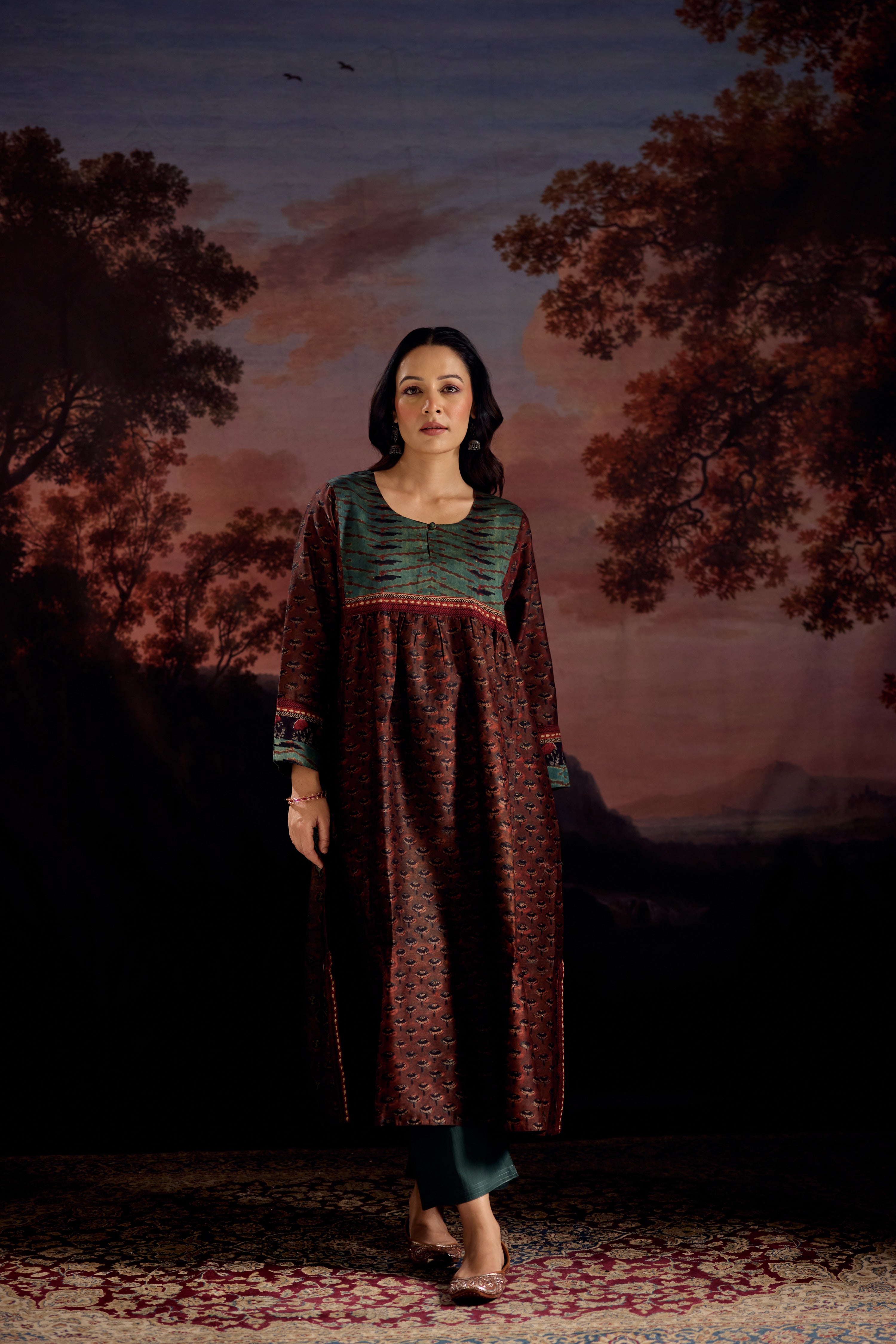 Banjara Chanderi Vanaspati Printed Kurta Rust Green (Set Of 3)