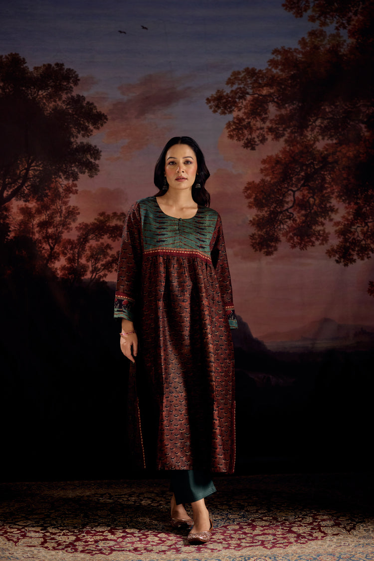 Banjara Chanderi Vanaspati Printed Kurta Rust Green (Set Of 3)