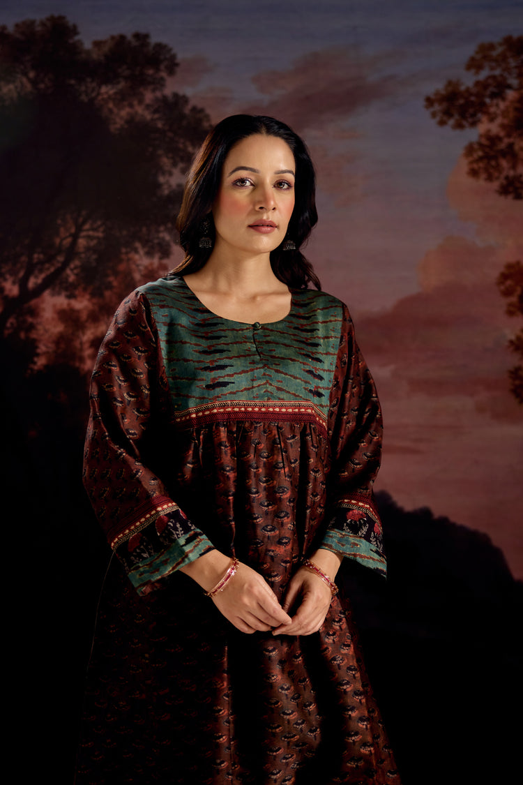 Banjara Chanderi Vanaspati Printed Kurta Rust Green (Set Of 3)