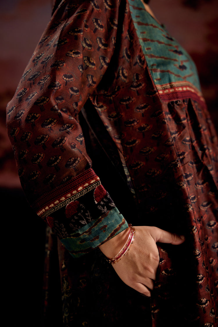 Banjara Chanderi Vanaspati Printed Kurta Rust Green (Set Of 3)