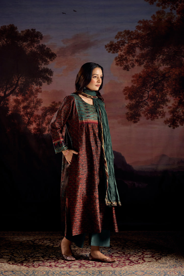 Banjara Chanderi Vanaspati Printed Kurta Rust Green (Set Of 3)