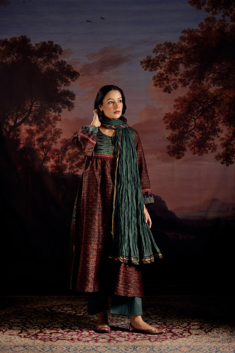 Banjara Chanderi Vanaspati Printed Kurta Rust Green (Set Of 3)