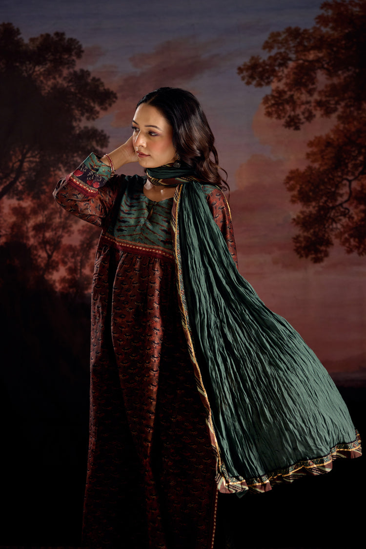 Banjara Chanderi Vanaspati Printed Kurta Rust Green (Set Of 3)