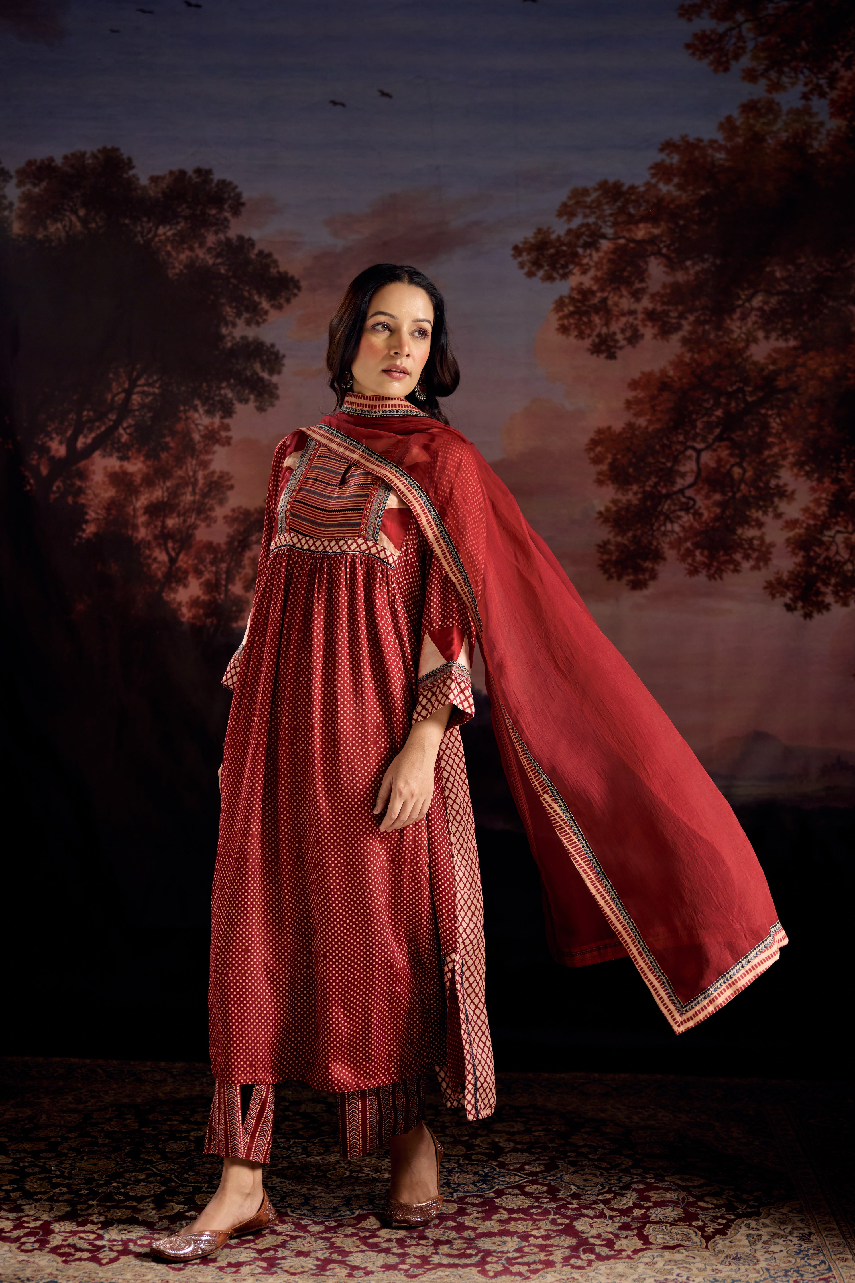 Banjara Modal Silk Printed Kurta Maroon