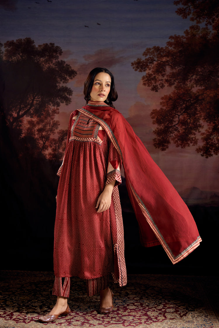 Banjara Modal Silk Printed Kurta Maroon