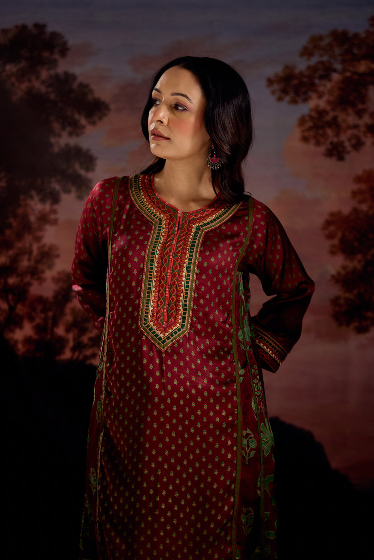 Adya Modal Silk Printed Kurta Maroon