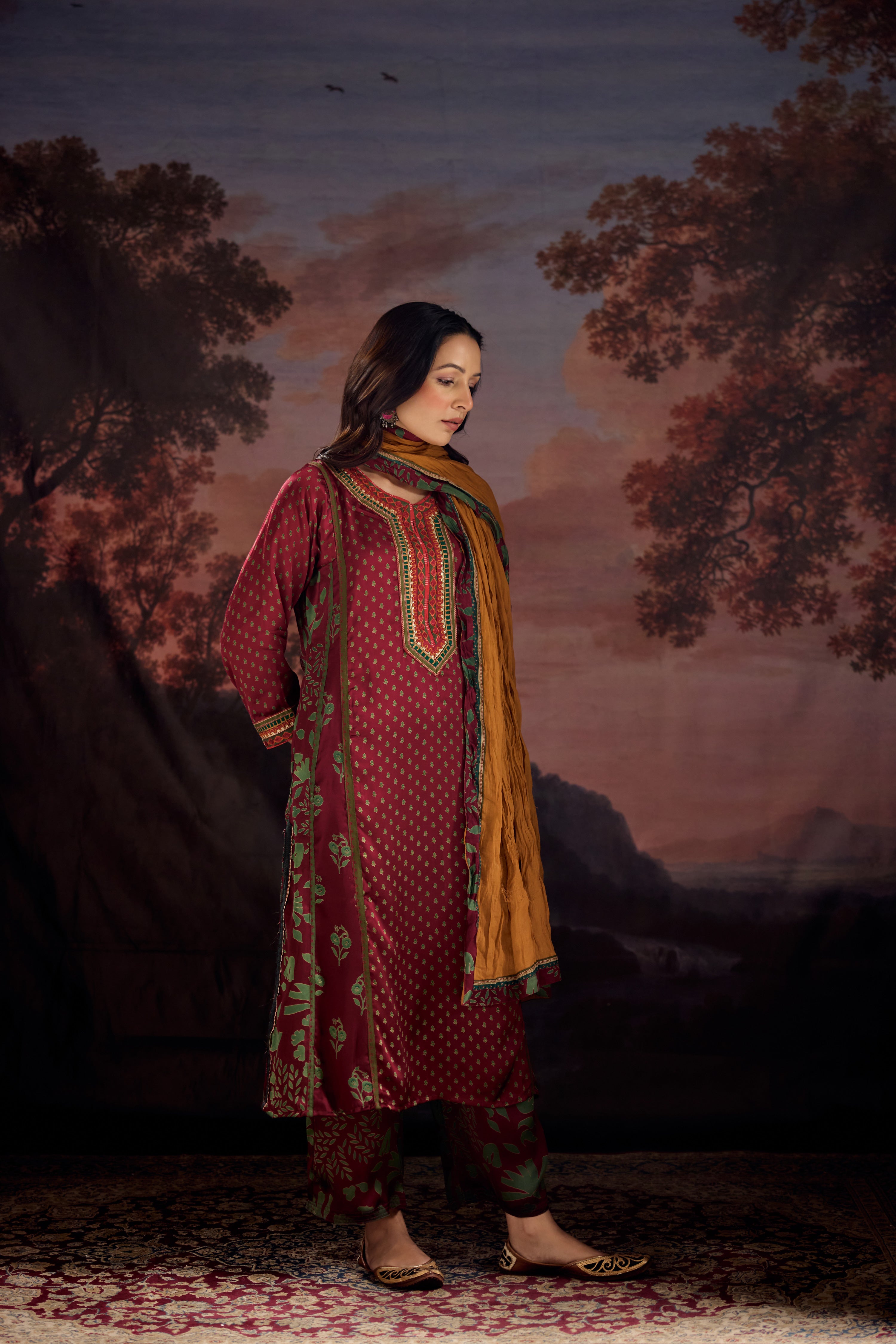 Adya Modal Silk Printed Kurta Maroon