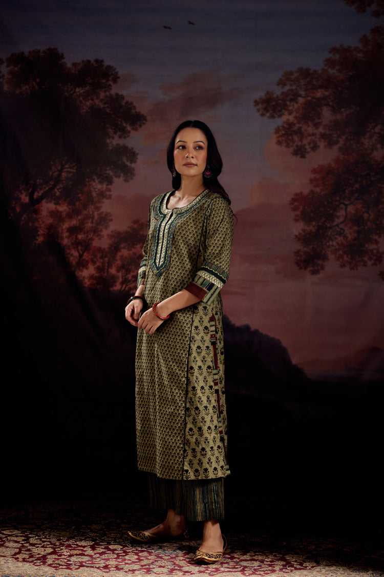 Rozana Cotton Printed Kurta Green