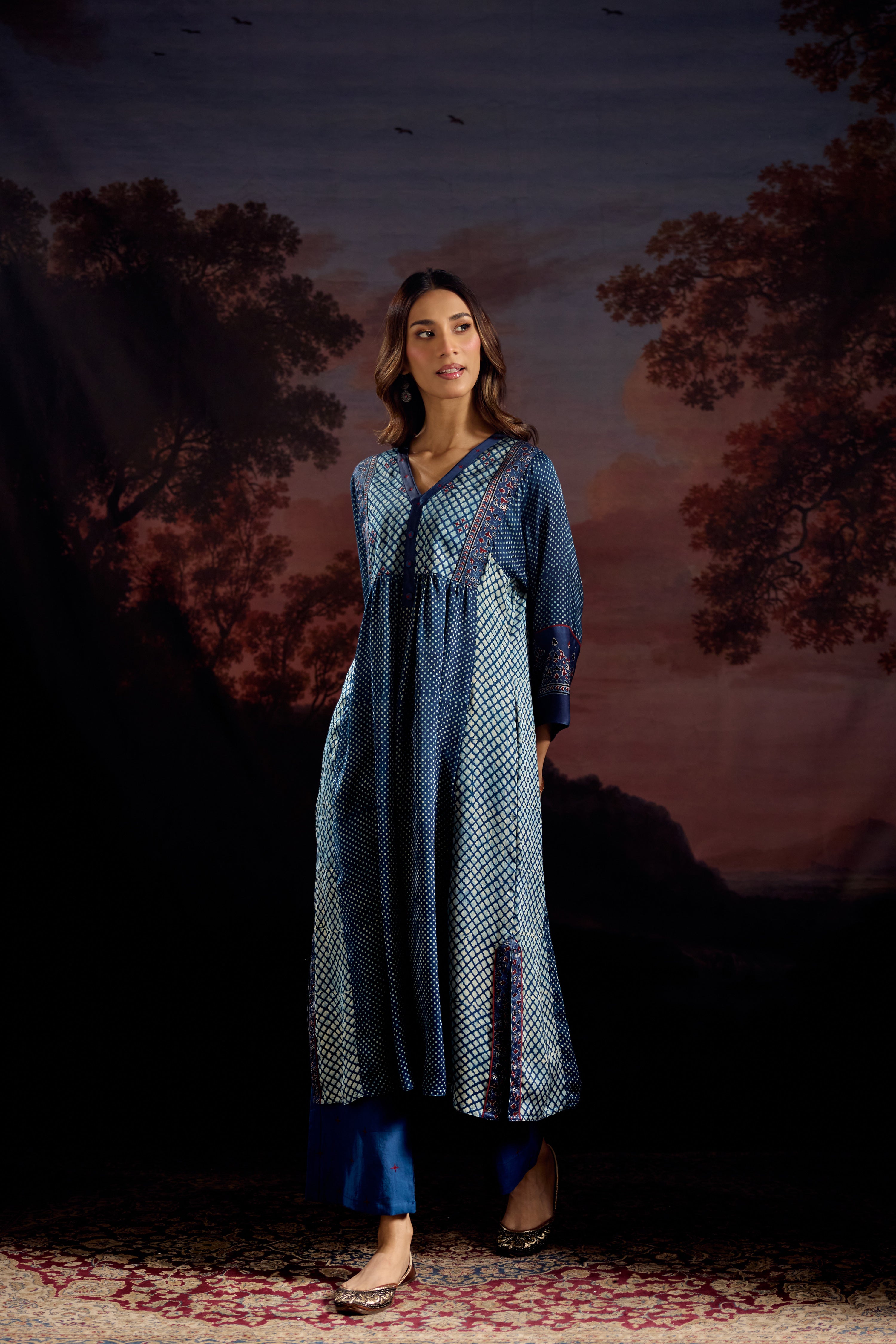 Banjara Modal Silk Printed Embroidered Kurta Blue