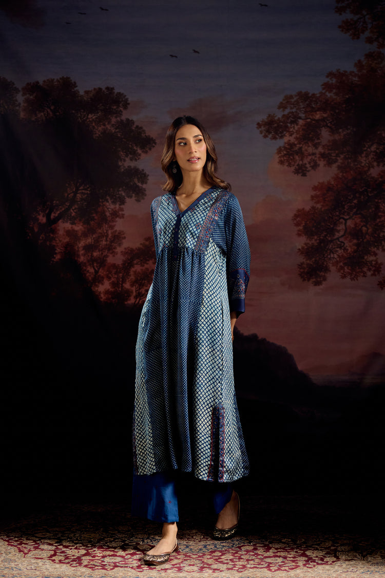 Banjara Modal Silk Printed Embroidered Kurta Blue
