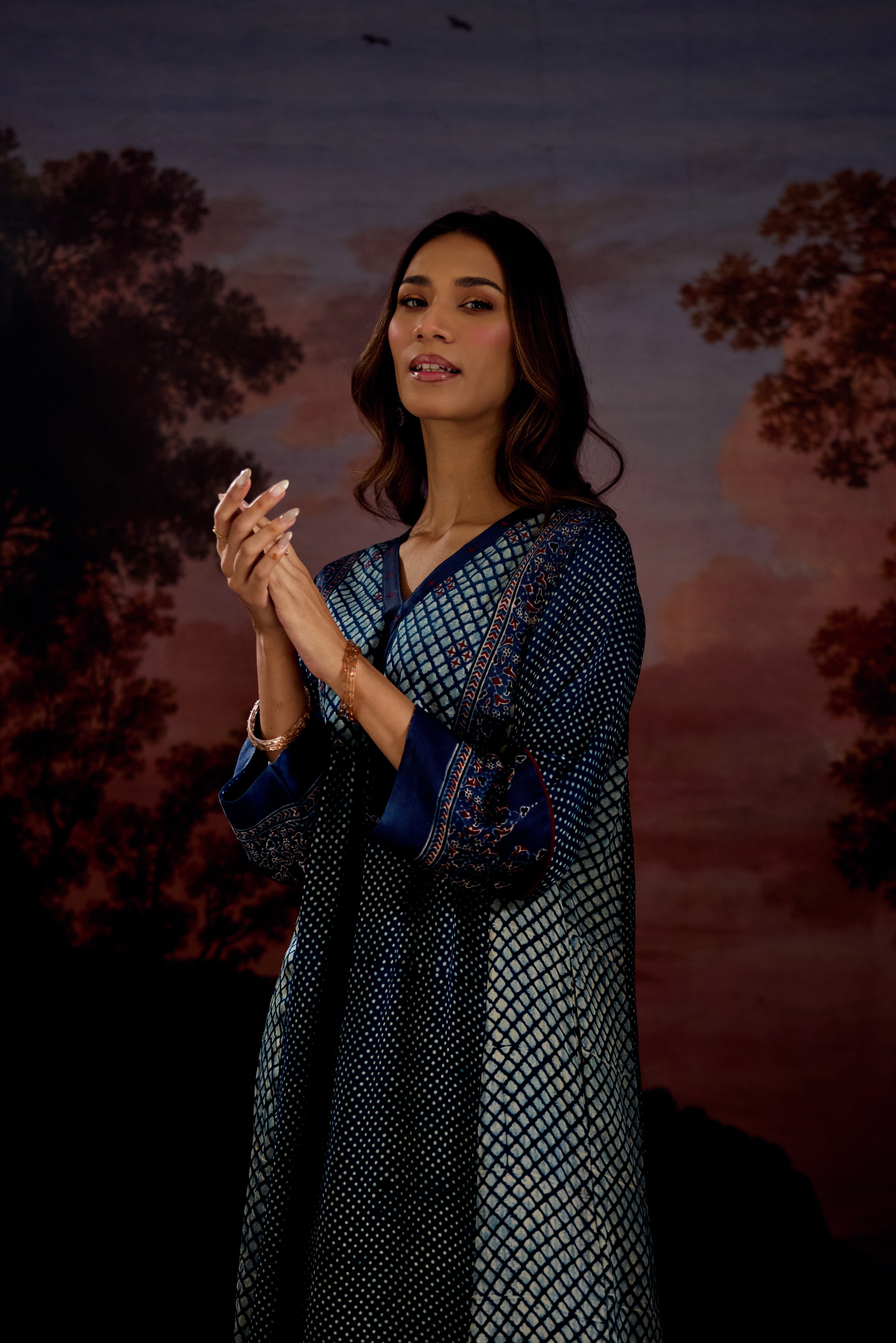 Banjara Modal Silk Printed Embroidered Kurta Blue