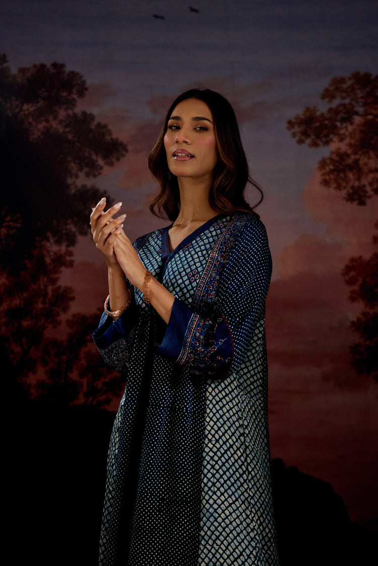 Banjara Modal Silk Printed Embroidered Kurta Blue