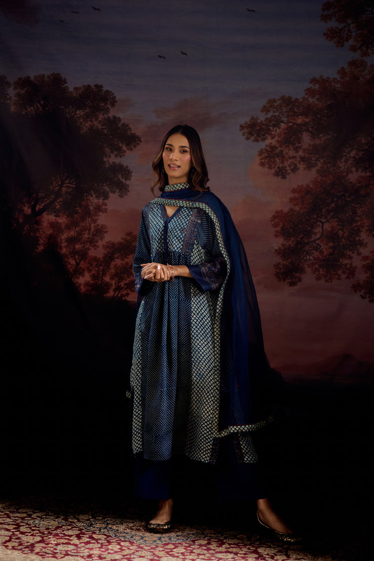 Banjara Modal Silk Printed Embroidered Kurta Blue