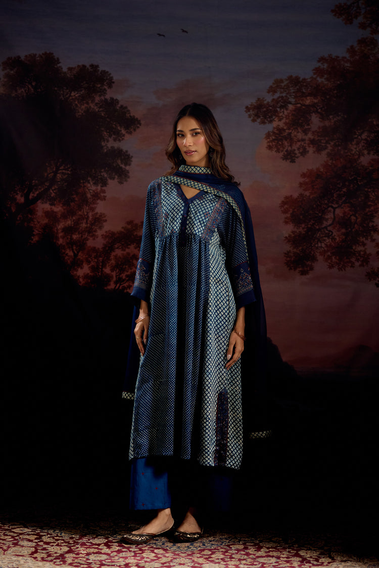 Banjara Modal Silk Printed Embroidered Kurta Blue