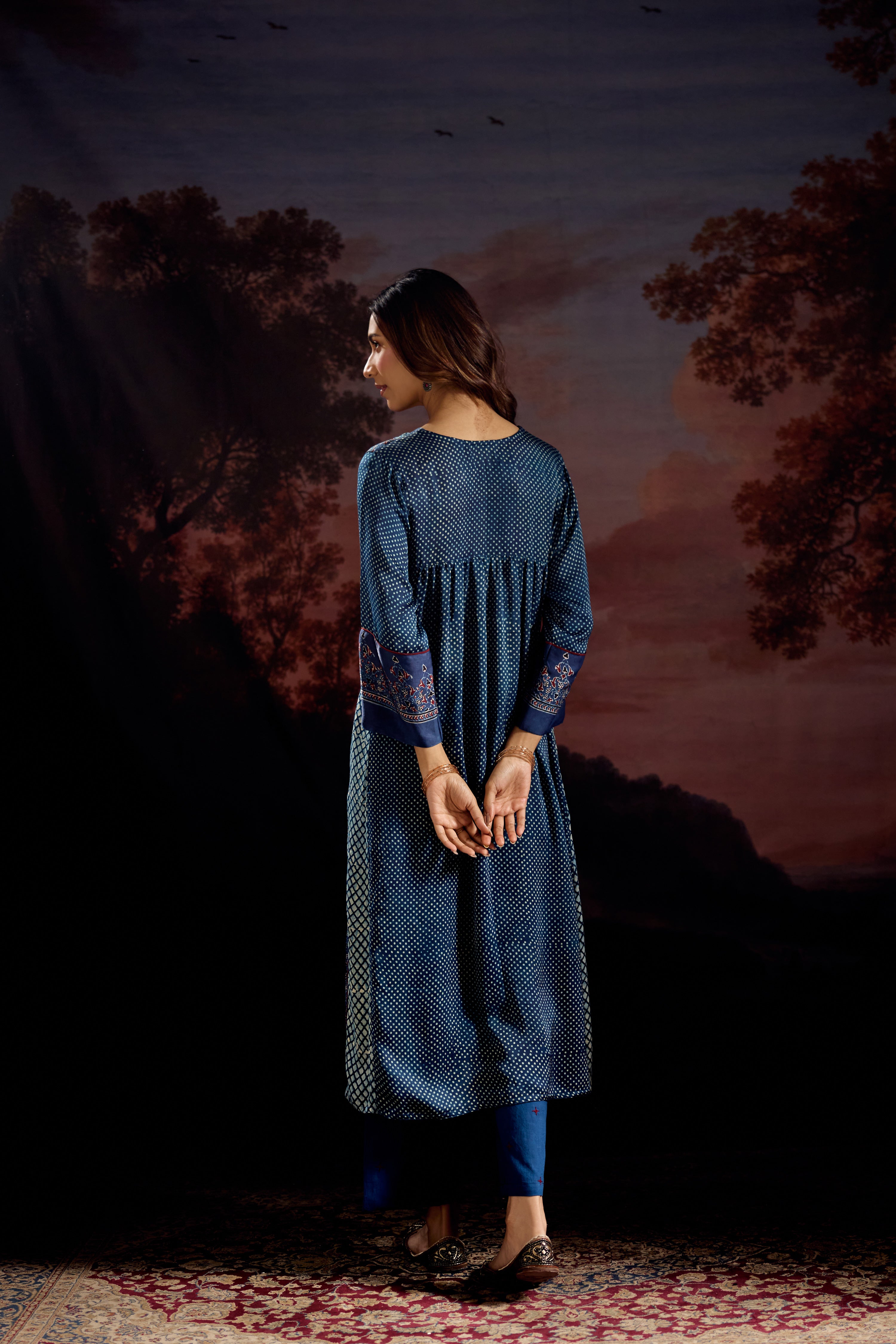 Banjara Modal Silk Printed Embroidered Kurta Blue