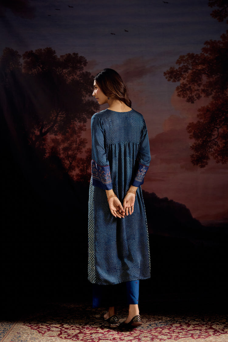 Banjara Modal Silk Printed Embroidered Kurta Blue