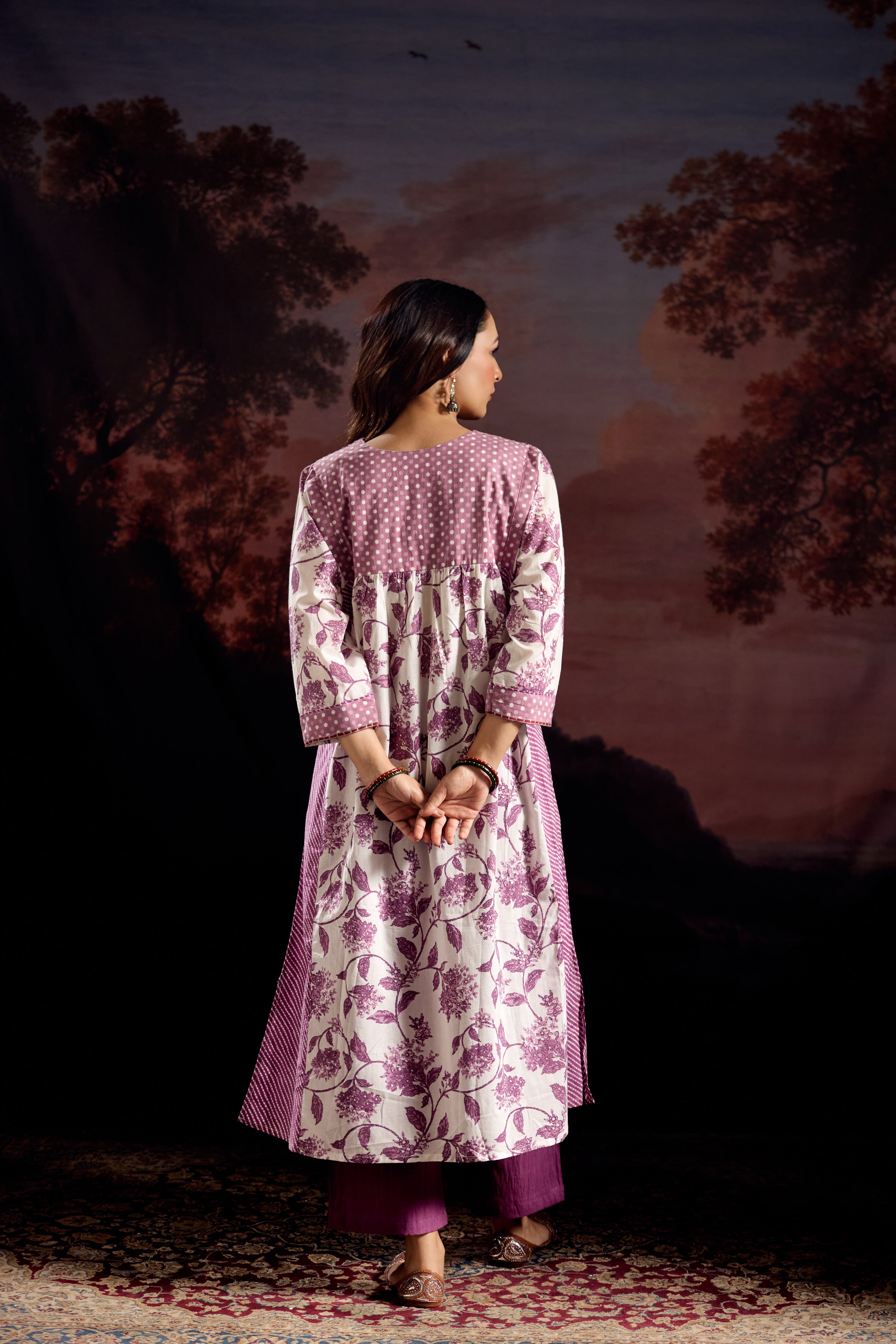 Meera Cotton Printed Kurta White Mauve (Set Of 3)