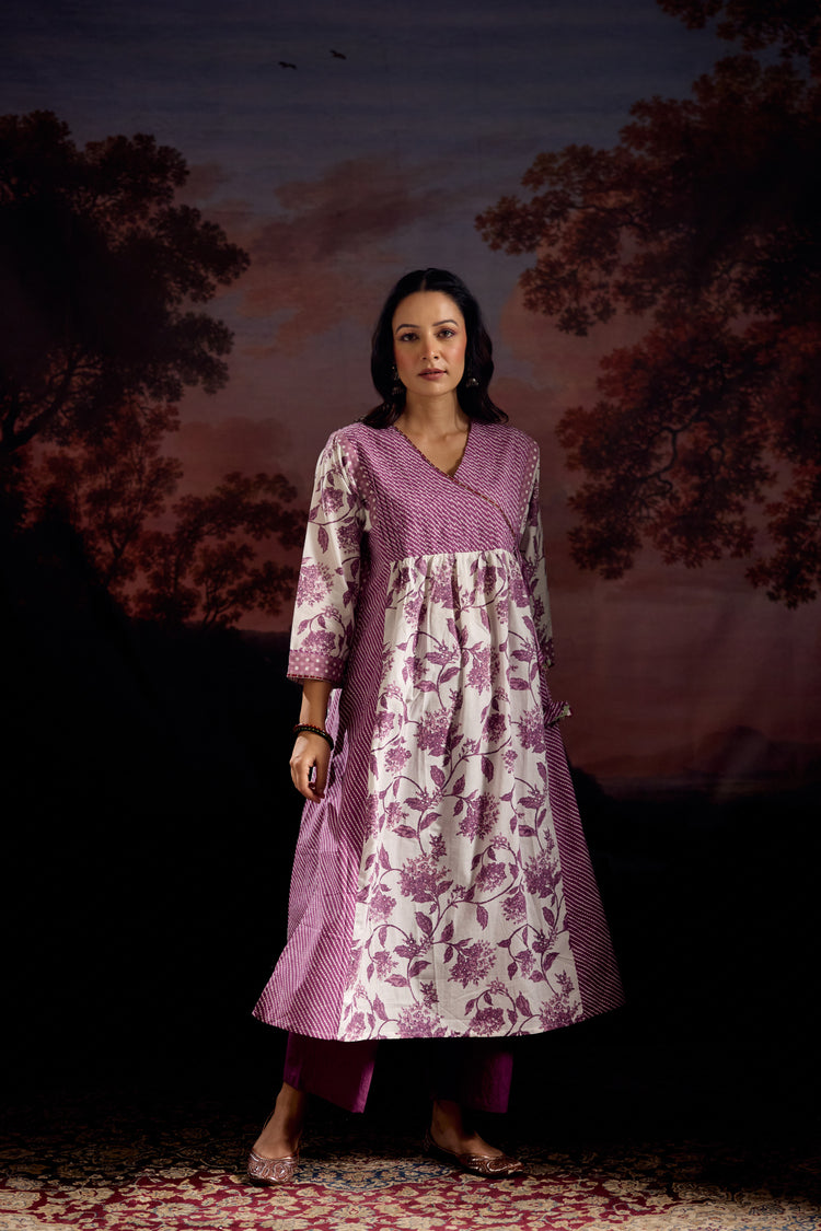 Meera Cotton Printed Kurta White Mauve (Set Of 3)