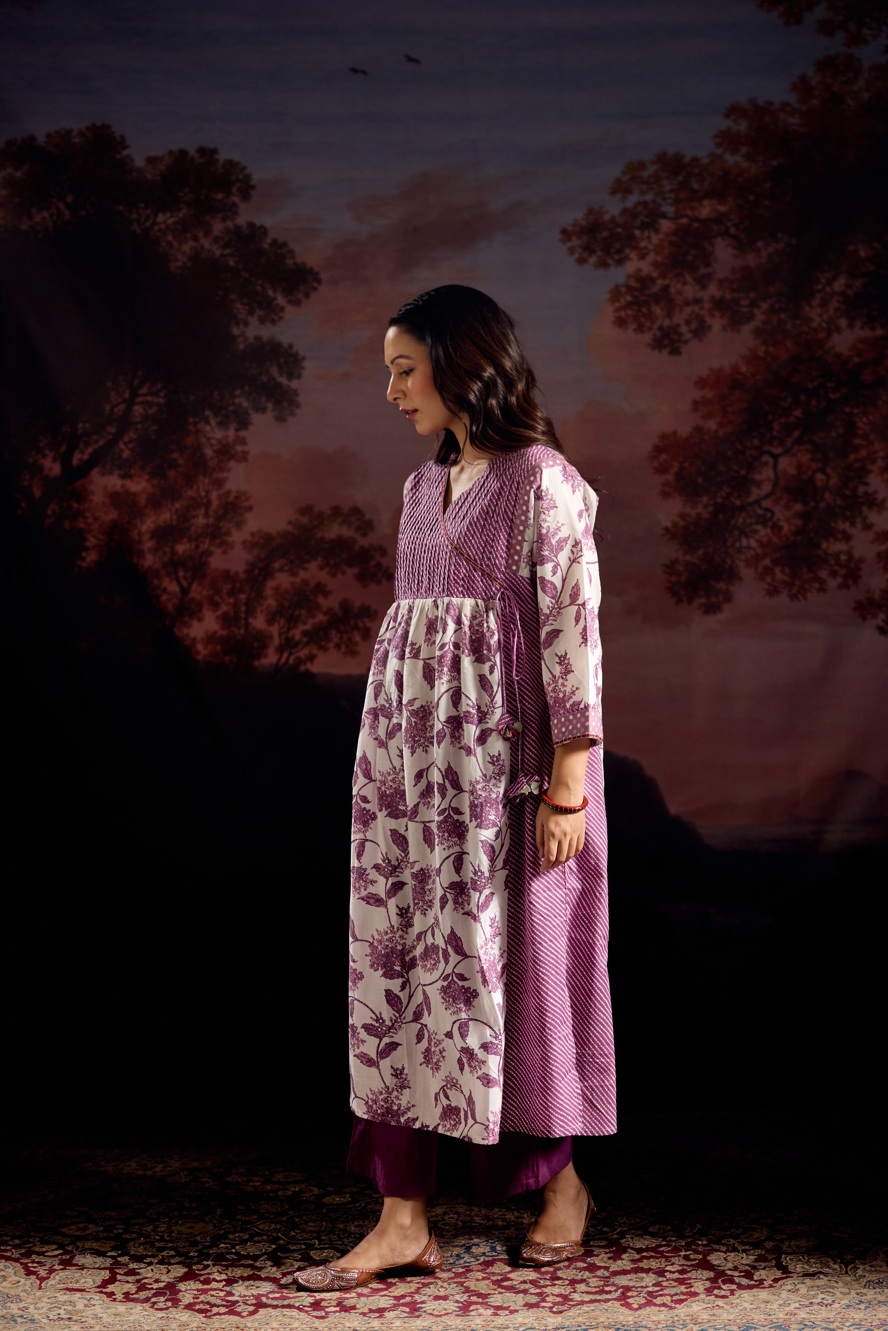 Meera Cotton Printed Kurta White Mauve (Set Of 3)