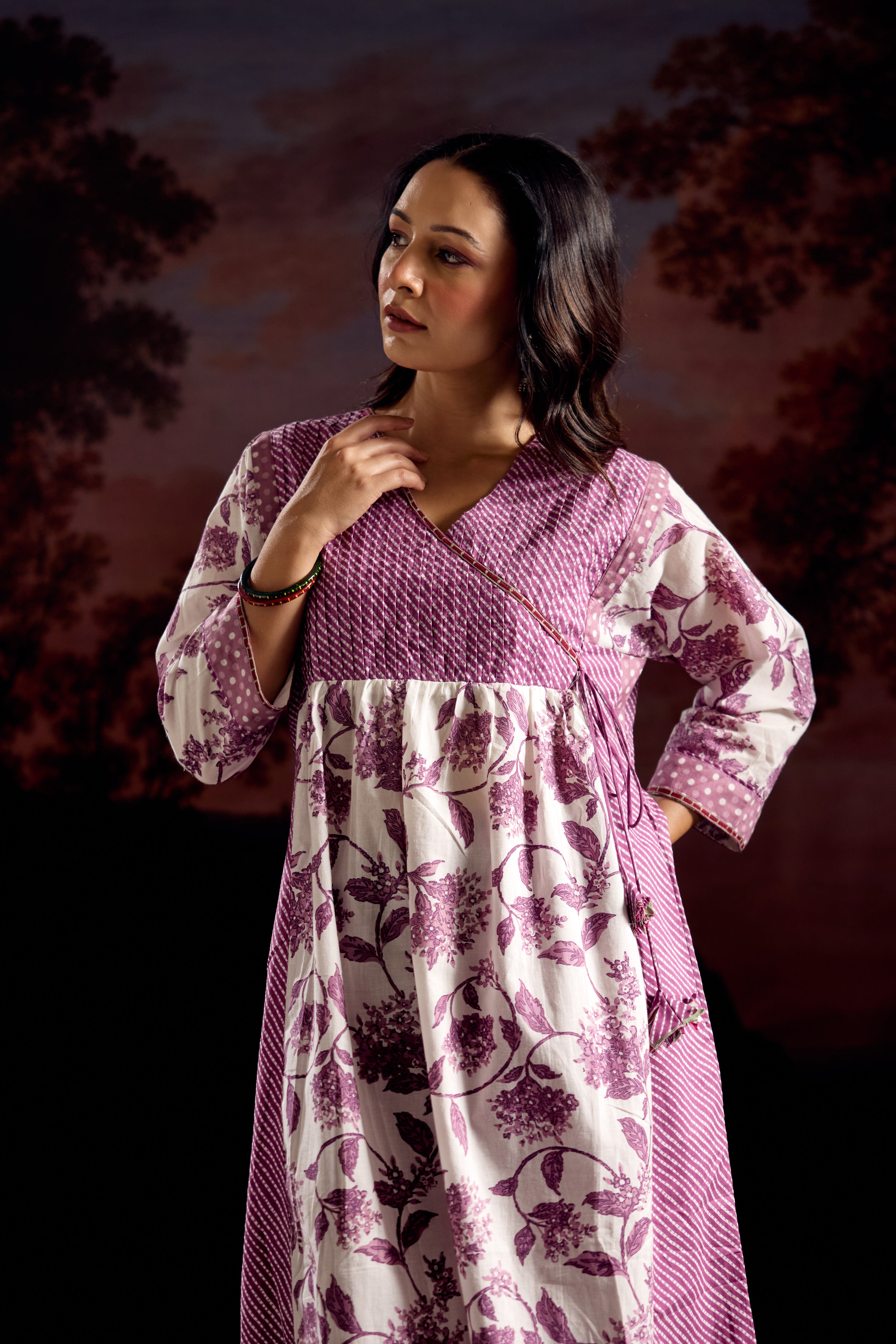 Meera Cotton Printed Kurta White Mauve (Set Of 3)