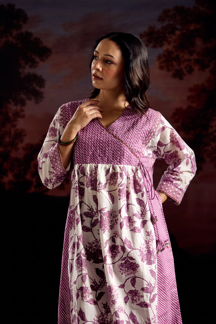 Meera Cotton Printed Kurta White Mauve (Set Of 3)