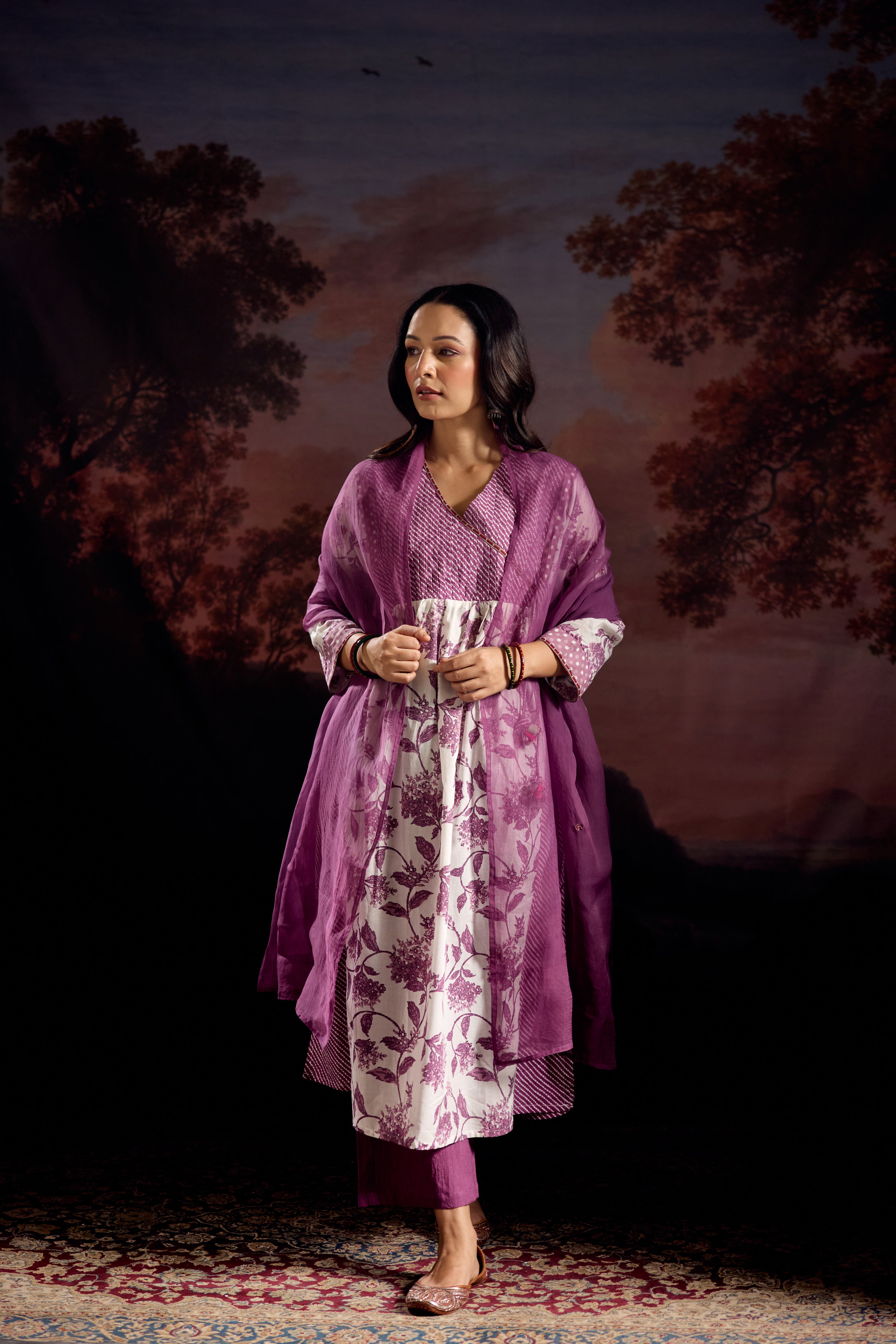 Meera Cotton Printed Kurta White Mauve (Set Of 3)