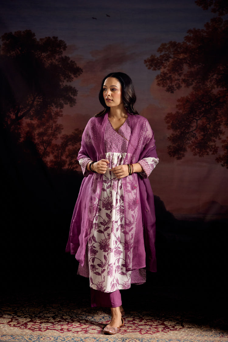 Meera Cotton Printed Kurta White Mauve (Set Of 3)