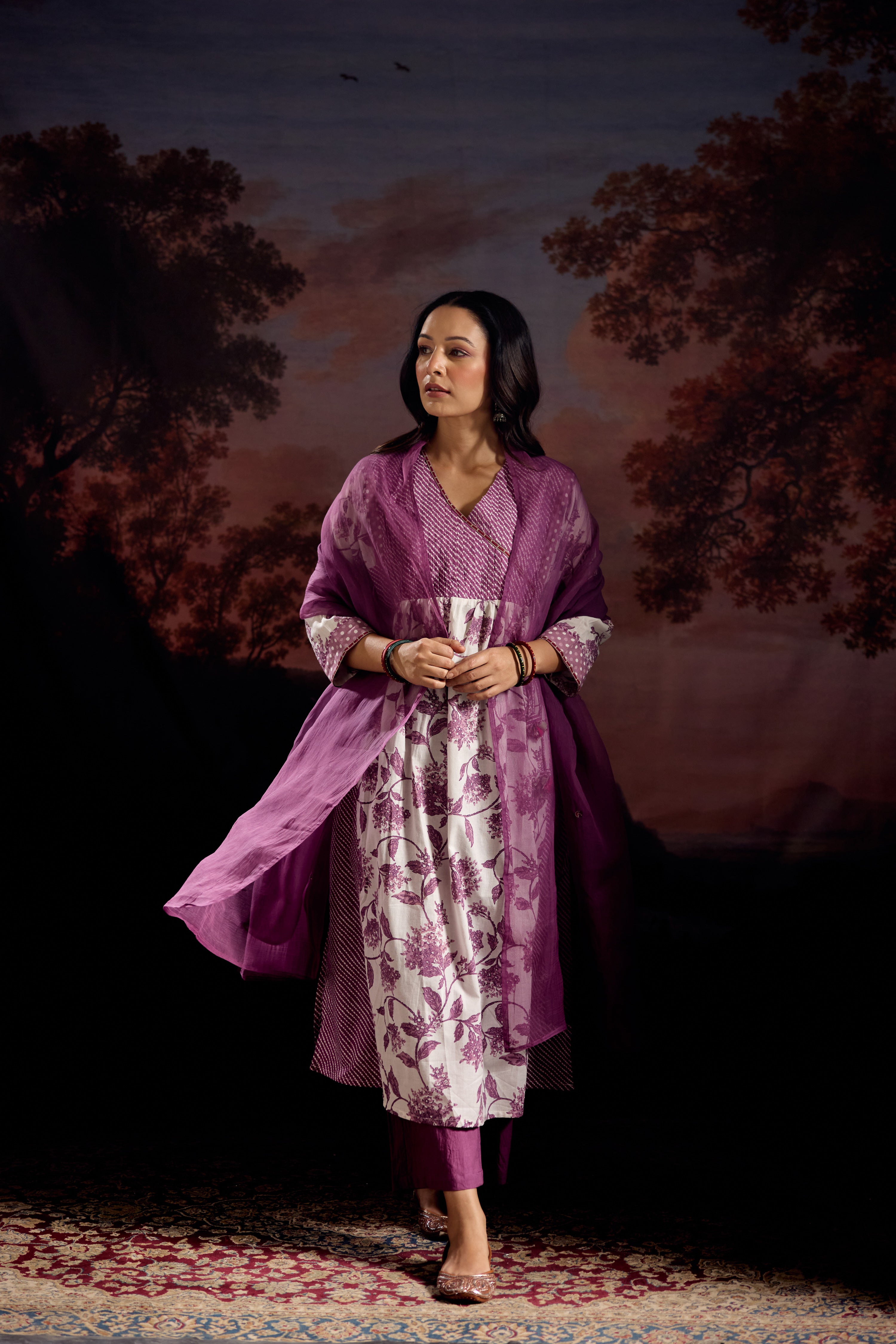 Meera Cotton Printed Kurta White Mauve (Set Of 3)