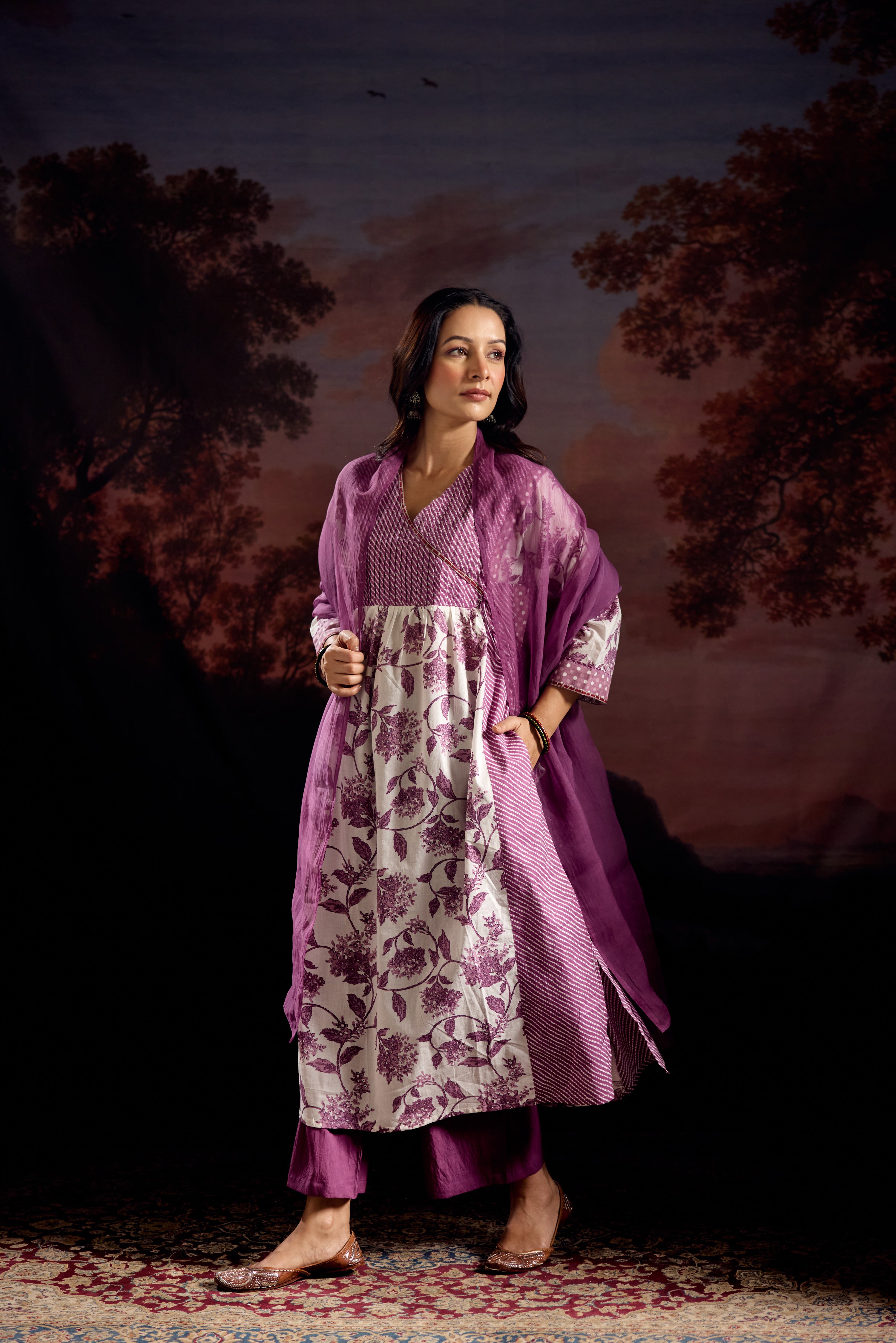 Meera Cotton Printed Kurta White Mauve (Set Of 3)