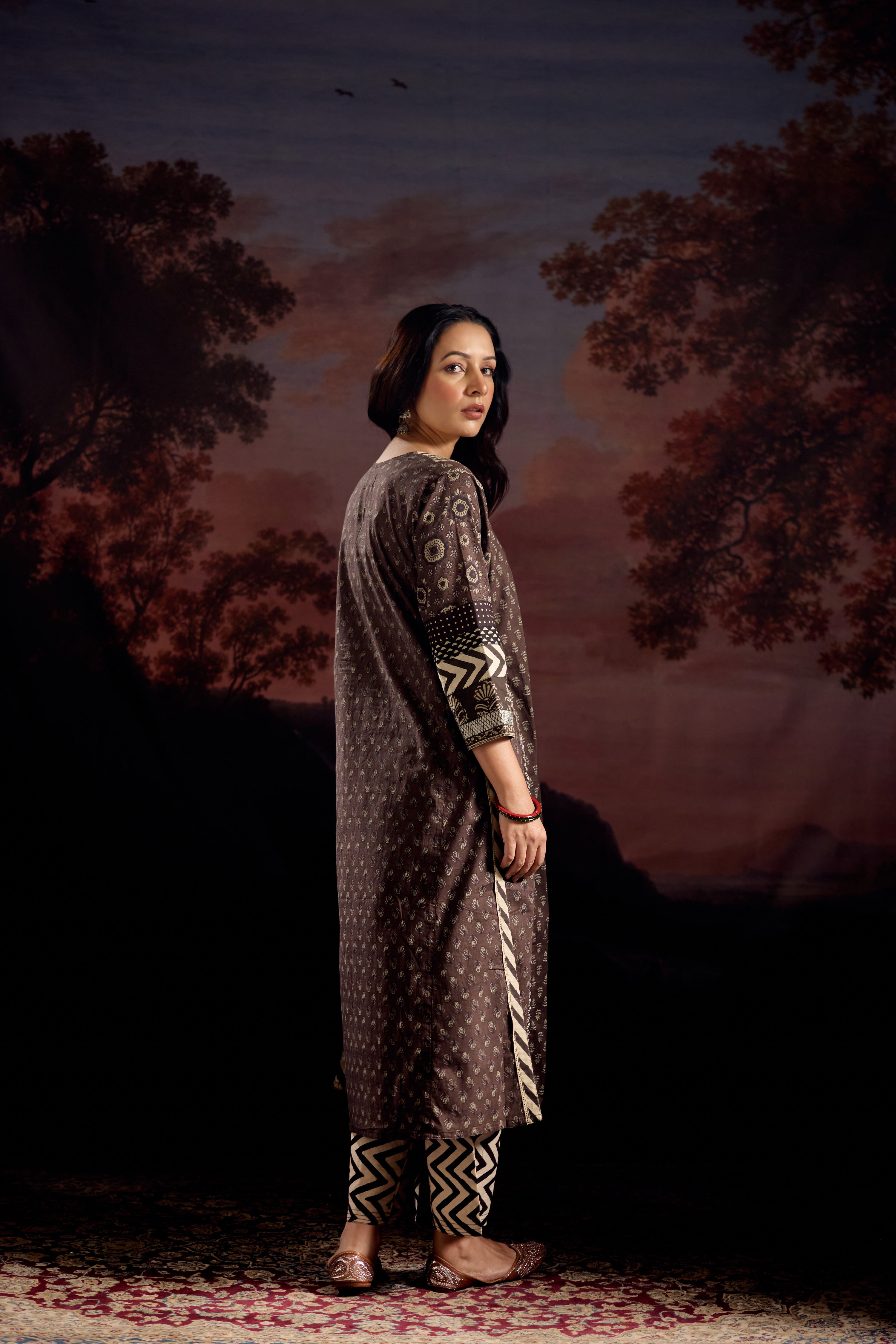 Rozana Cotton Printed Kurta Dark Grey (Set Of 2)