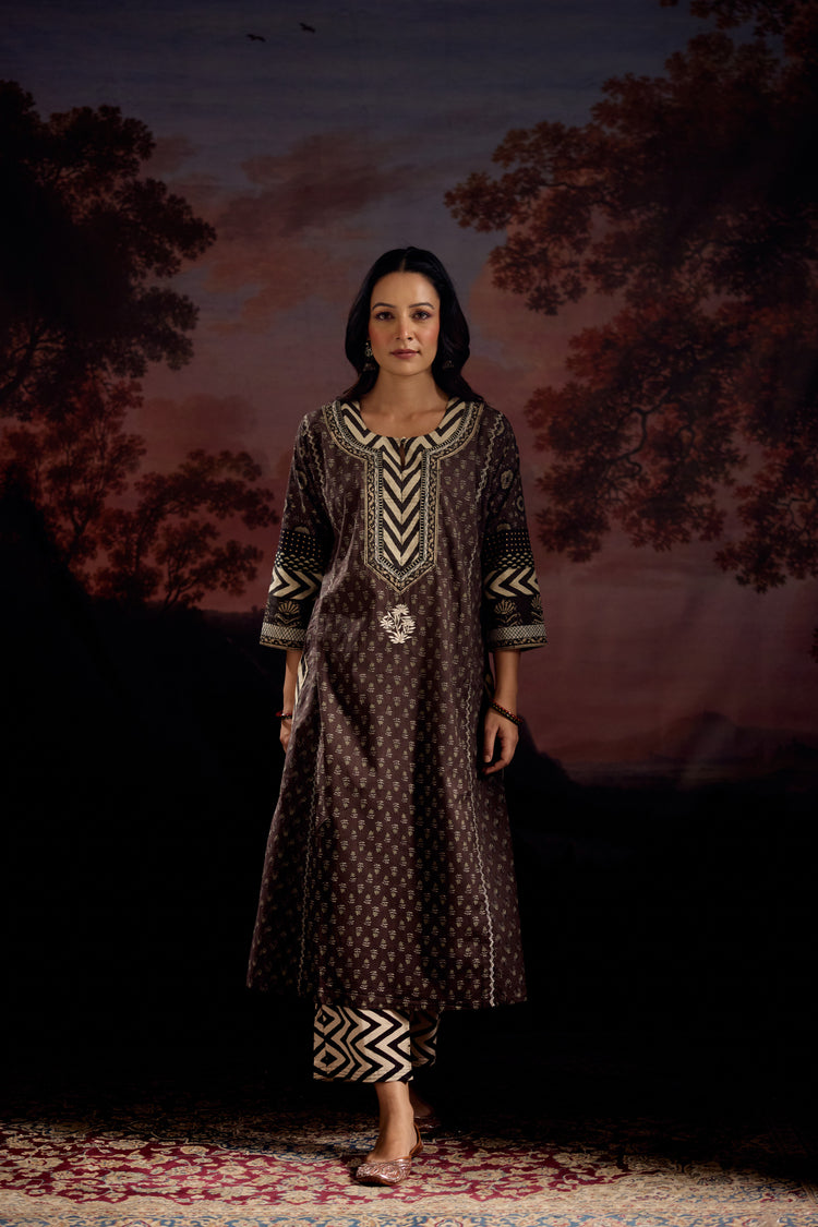 Rozana Cotton Printed Kurta Dark Grey (Set Of 2)