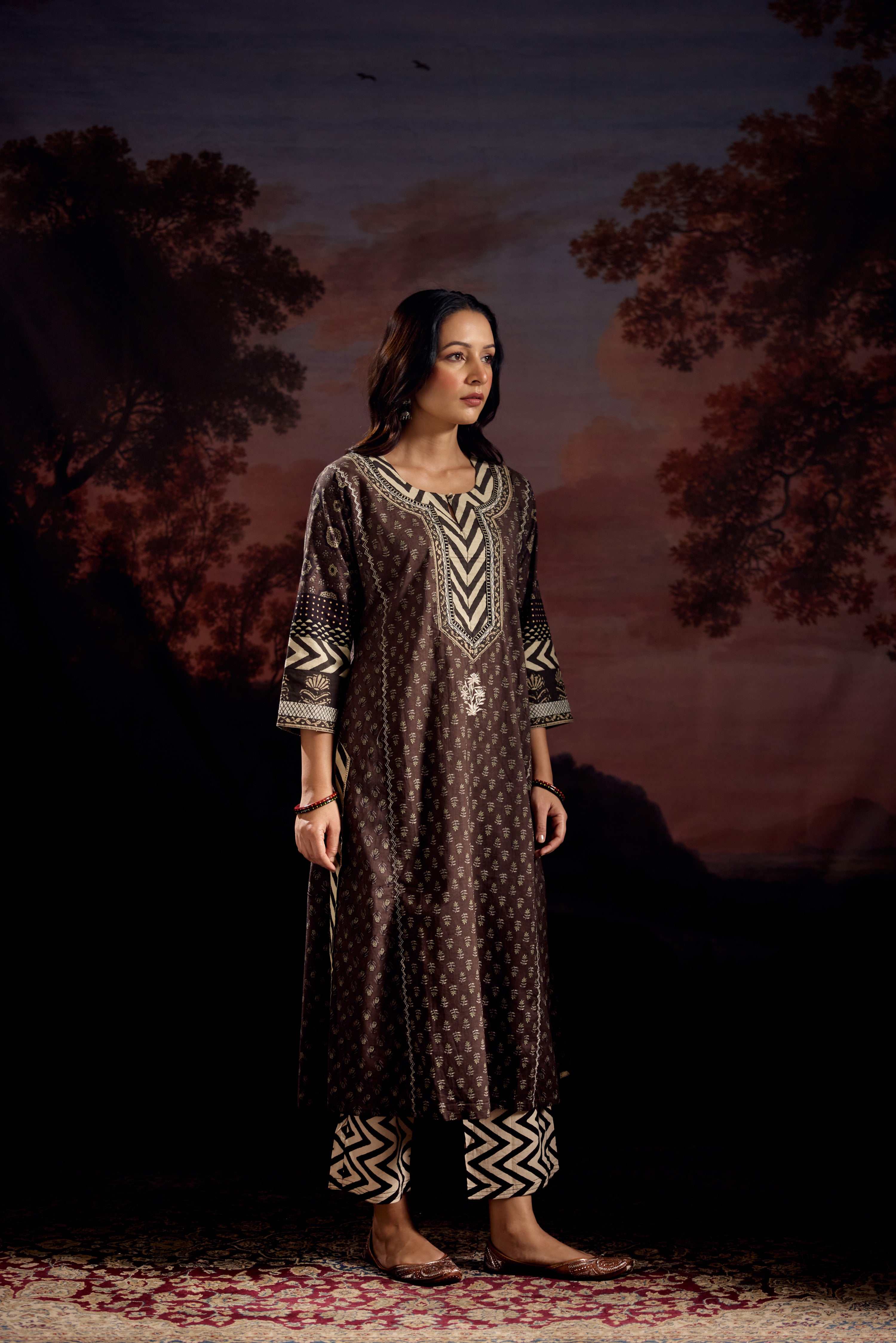 Rozana Cotton Printed Kurta Dark Grey (Set Of 2)