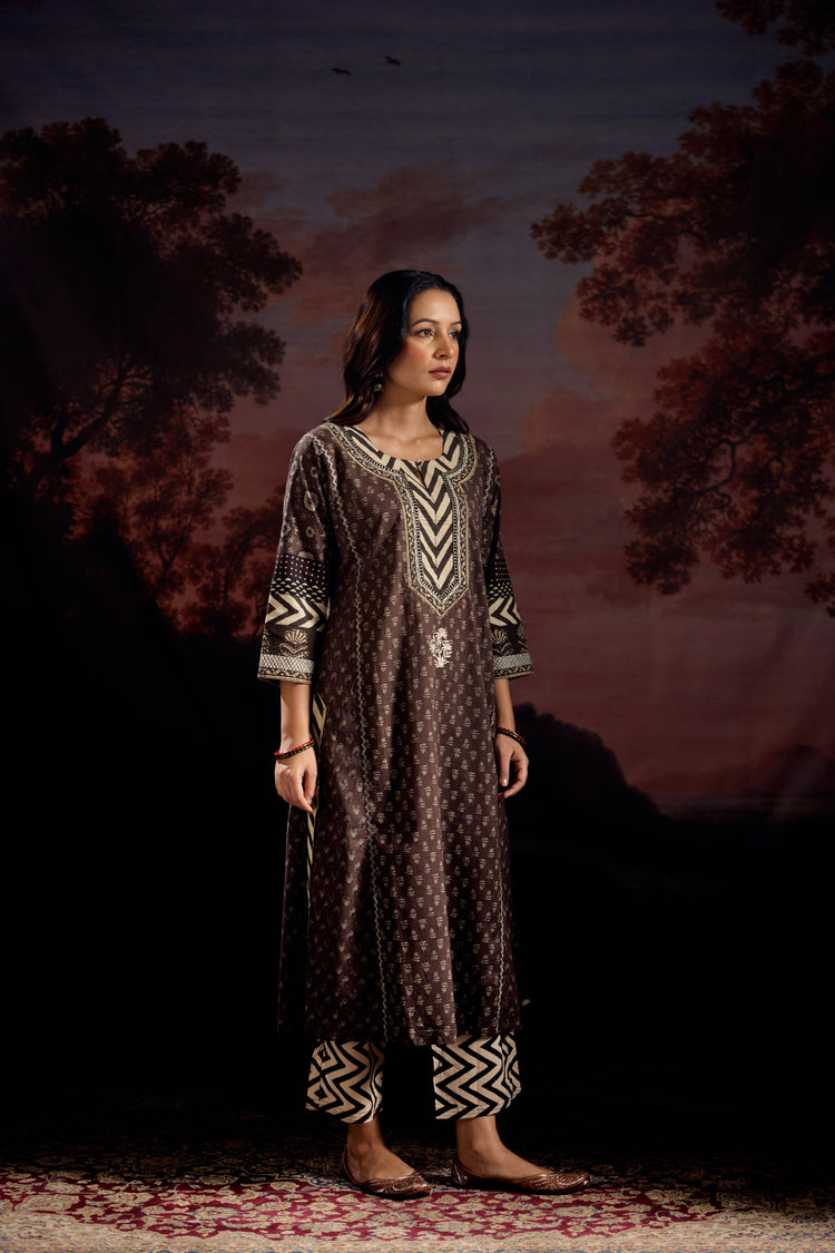 Rozana Cotton Printed Kurta Dark Grey (Set Of 2)