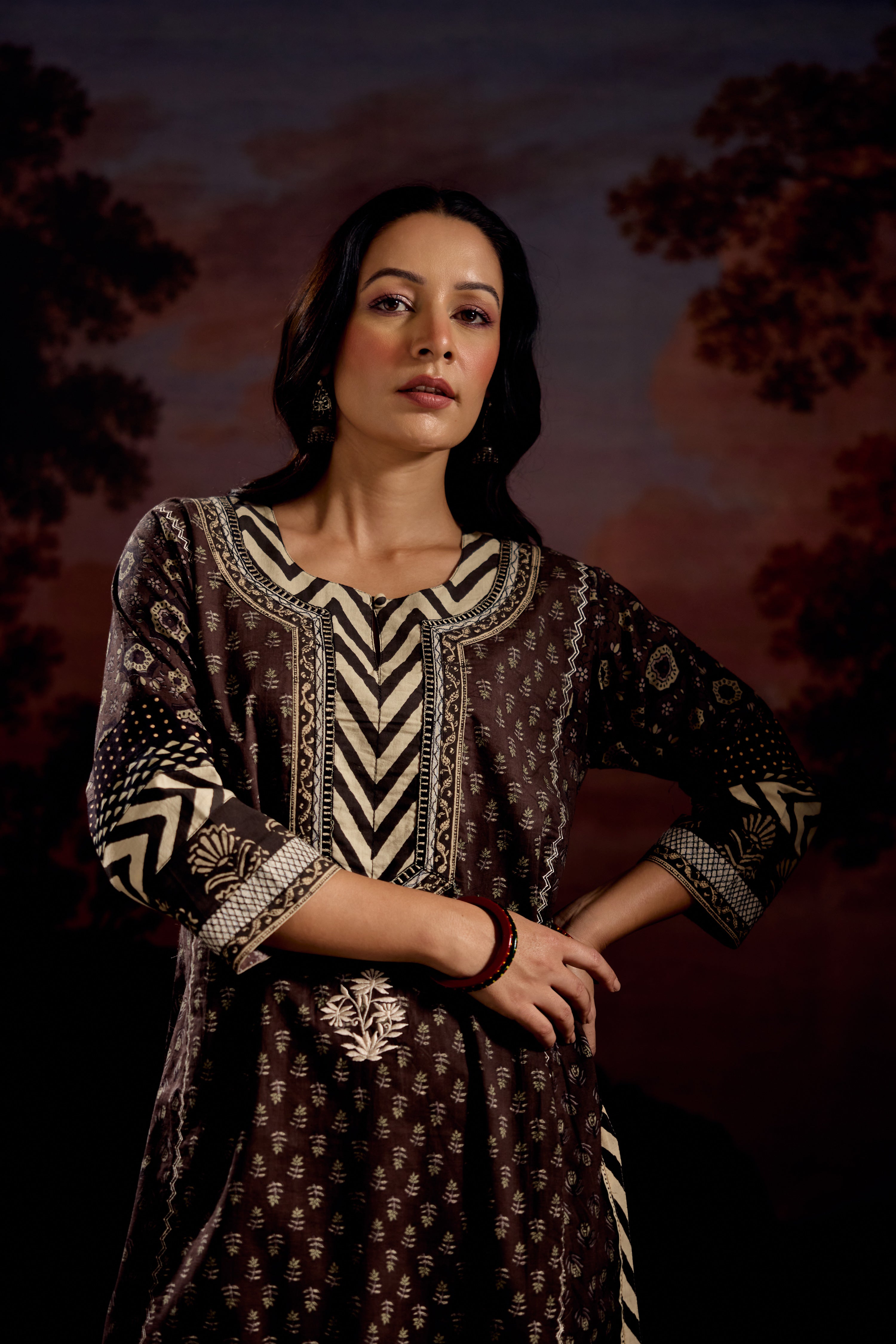 Rozana Cotton Printed Kurta Dark Grey (Set Of 2)