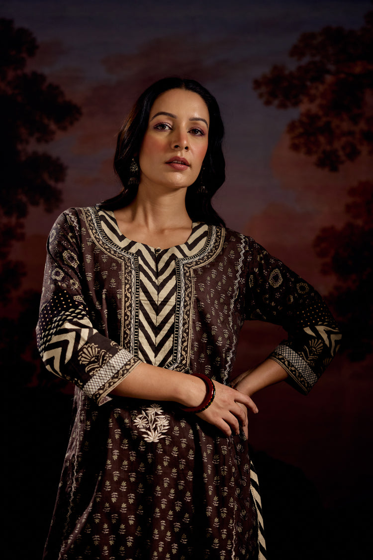 Rozana Cotton Printed Kurta Dark Grey (Set Of 2)