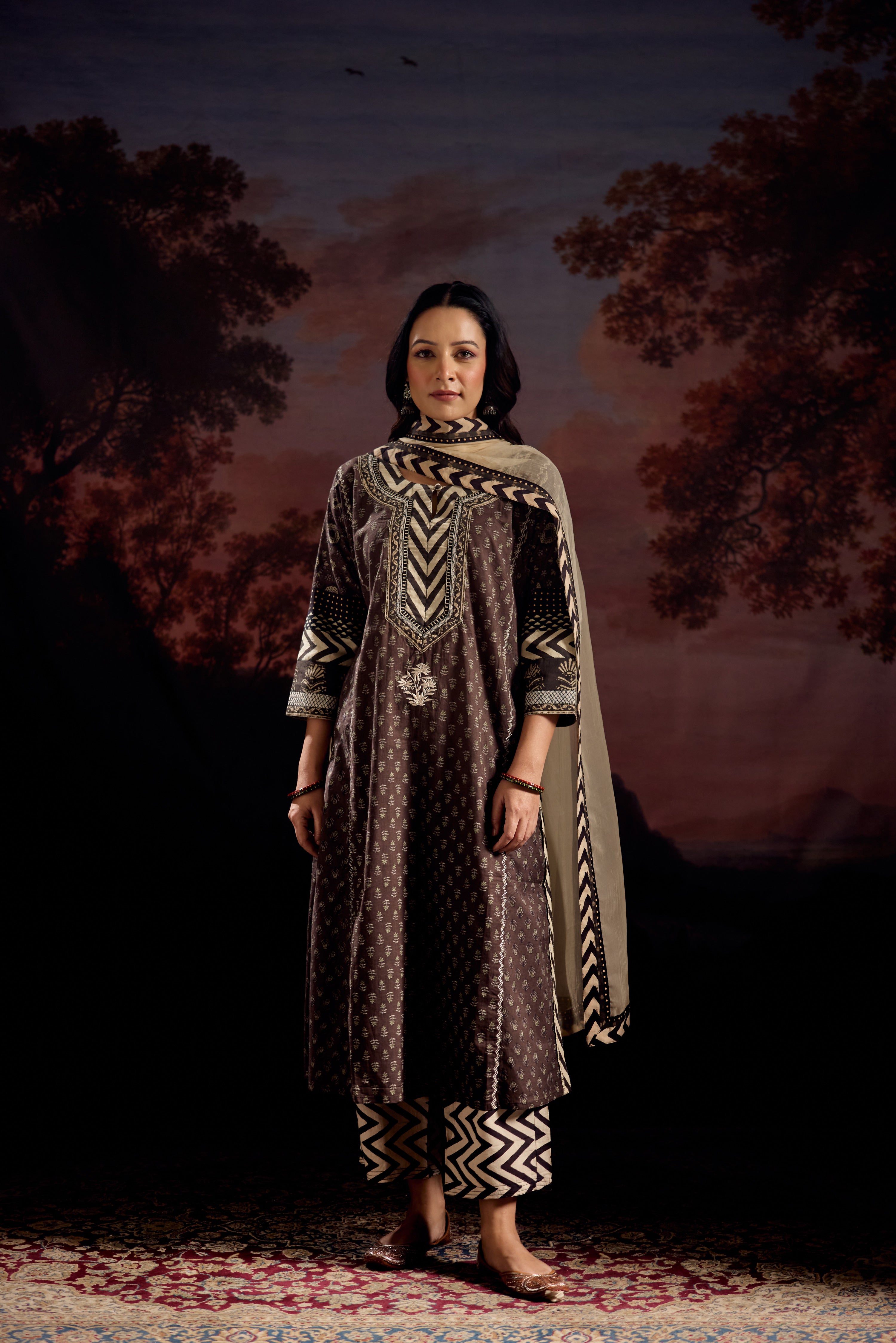 Rozana Cotton Printed Kurta Dark Grey (Set Of 2)