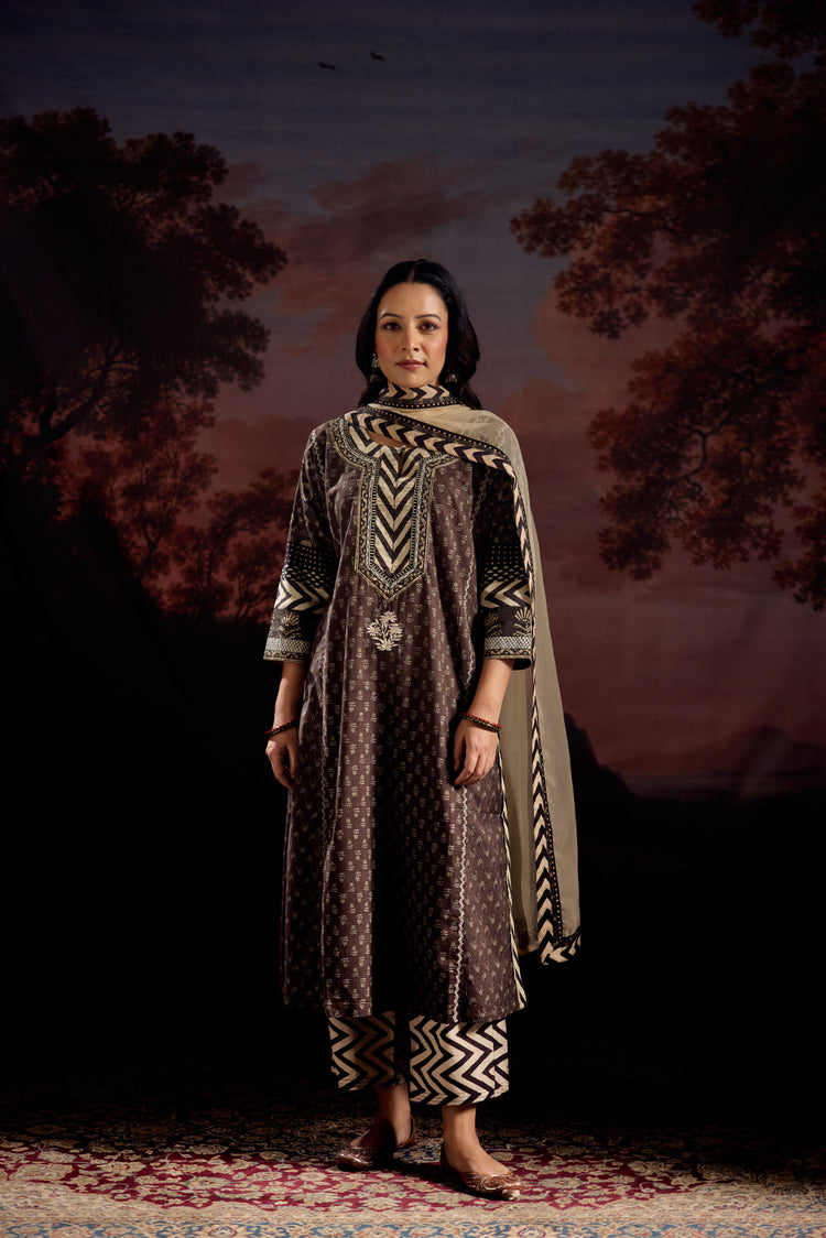 Rozana Cotton Printed Kurta Dark Grey (Set Of 2)