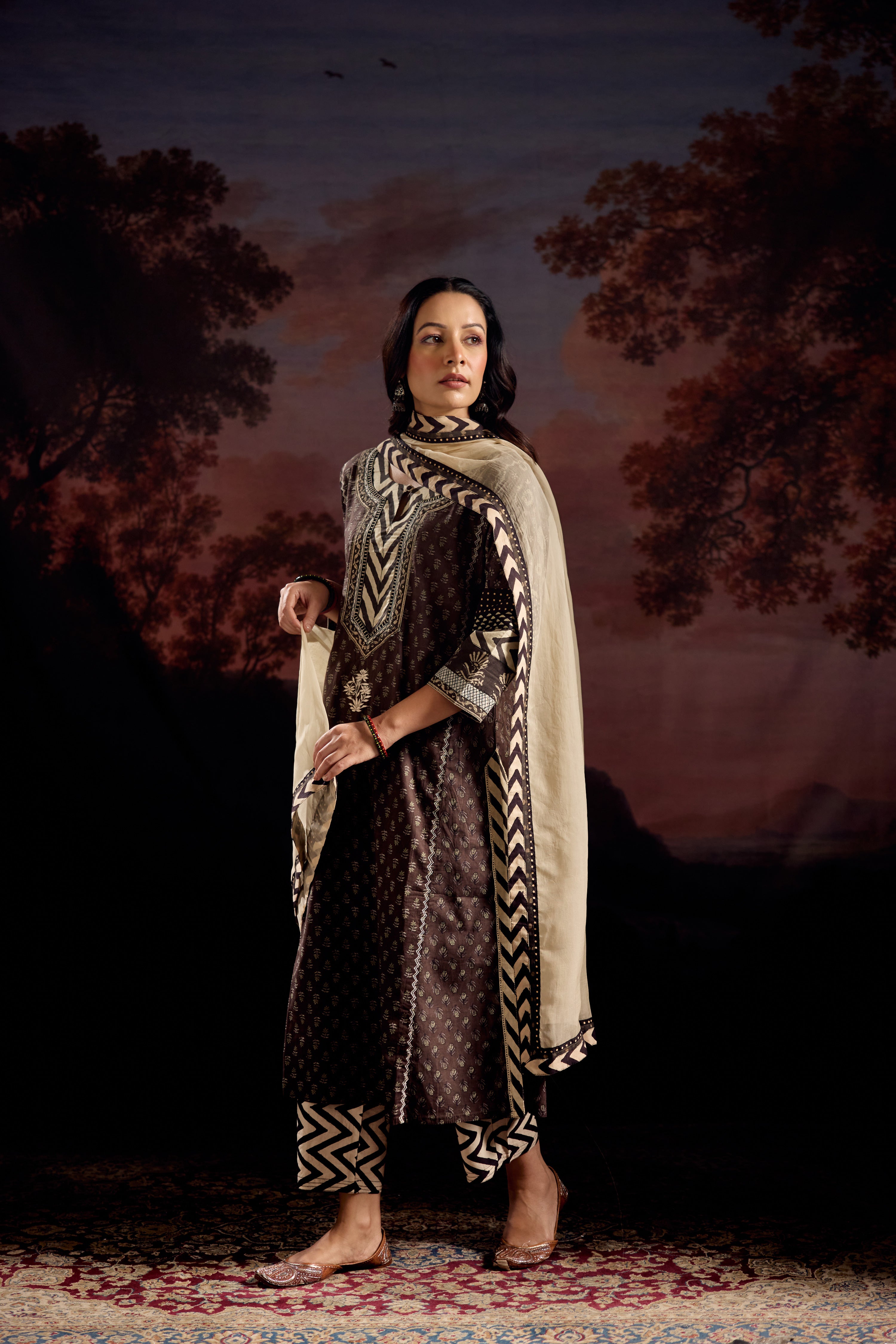 Rozana Cotton Printed Kurta Dark Grey (Set Of 2)