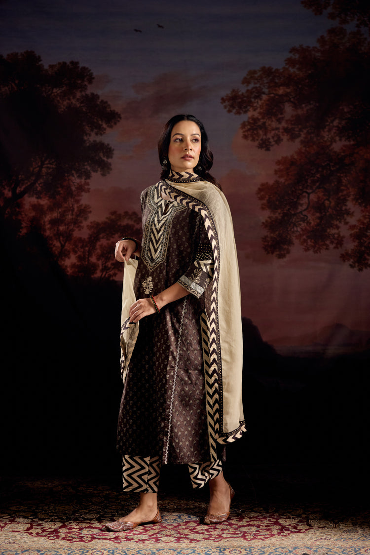 Rozana Cotton Printed Kurta Dark Grey (Set Of 2)