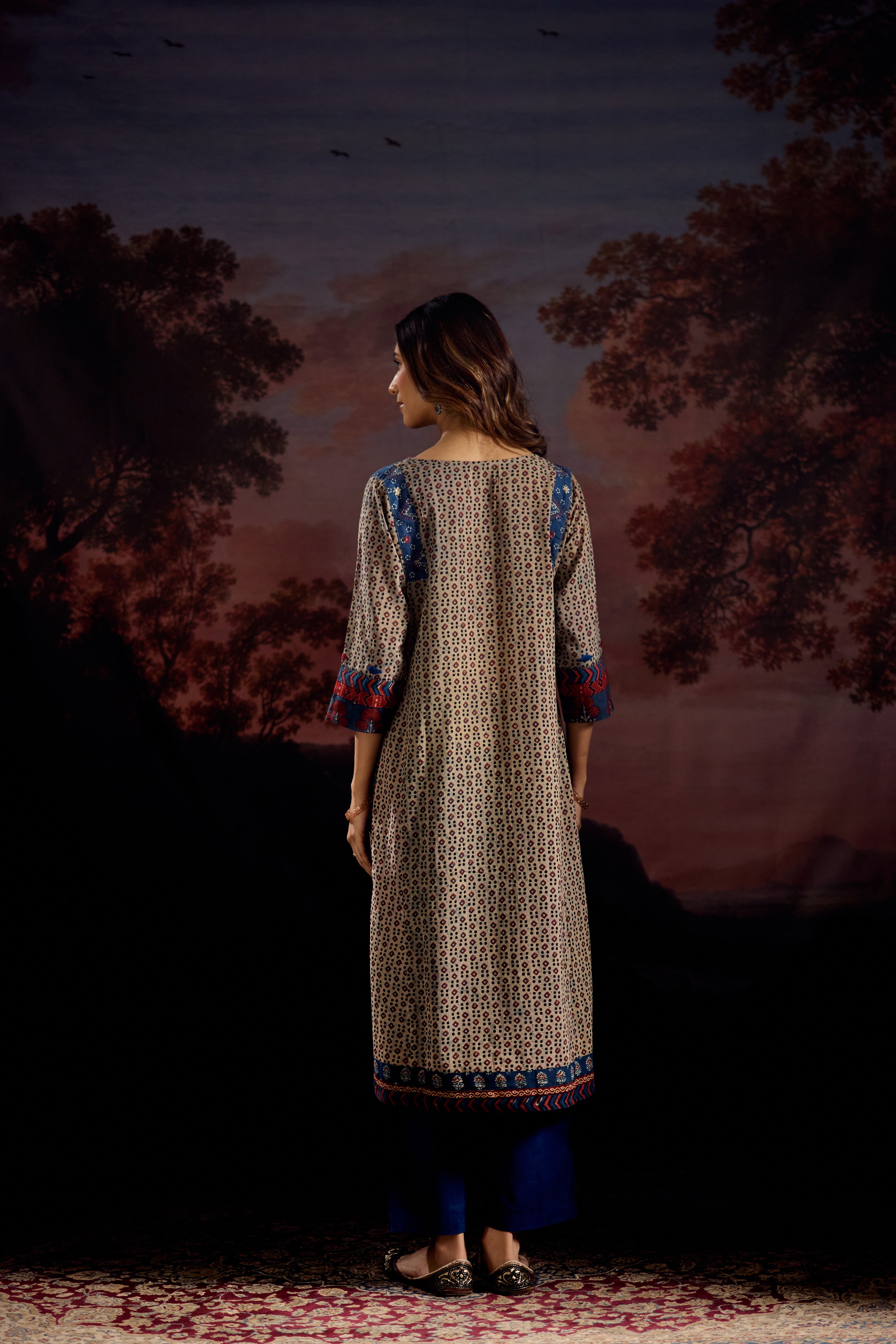 Adara Cotton Vanaspati Printed Embroidered Kurta Off Grey Blue (Set Of 3)