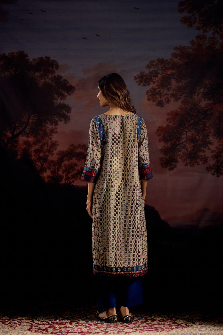 Adara Cotton Vanaspati Printed Embroidered Kurta Off Grey Blue (Set Of 3)