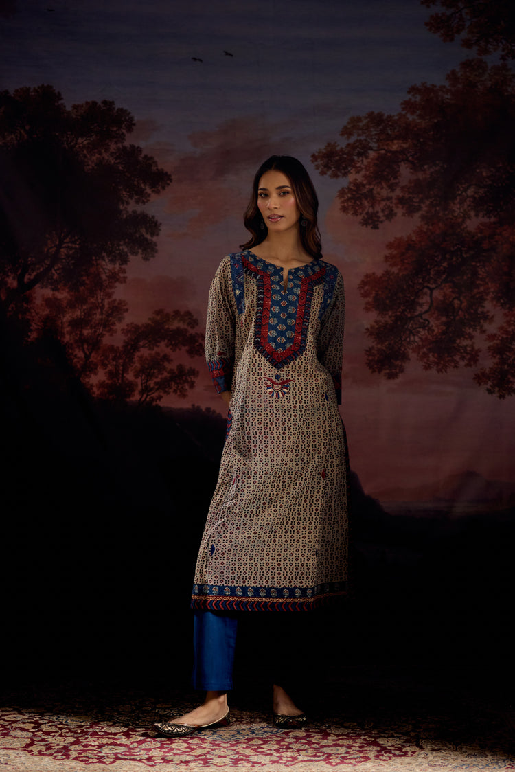 Adara Cotton Vanaspati Printed Embroidered Kurta Off Grey Blue (Set Of 3)