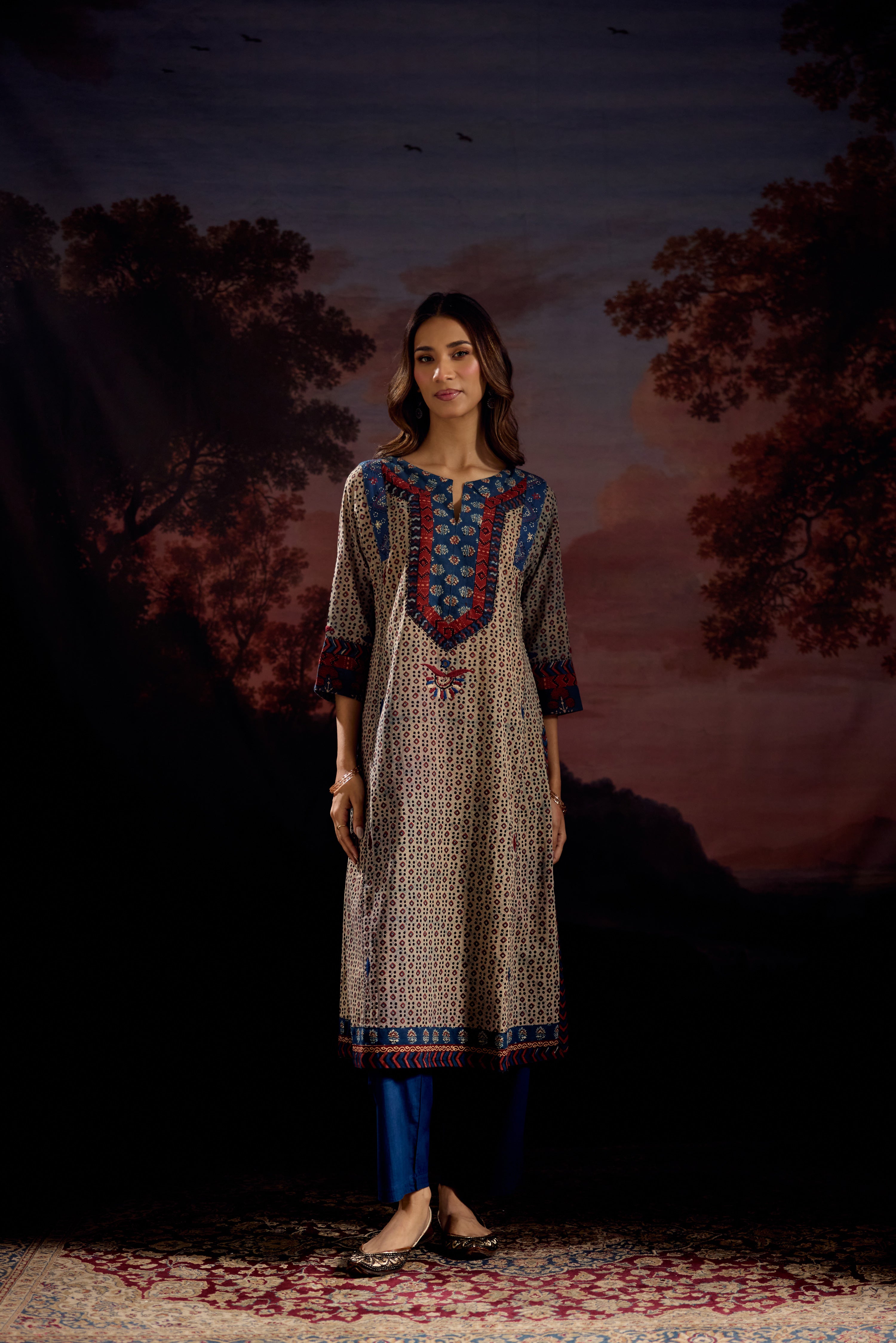 Adara Cotton Vanaspati Printed Embroidered Kurta Off Grey Blue (Set Of 3)