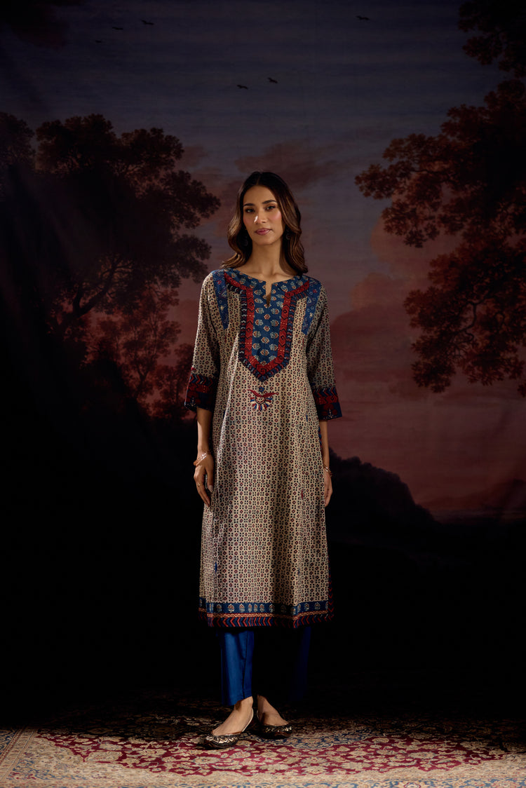 Adara Cotton Vanaspati Printed Embroidered Kurta Off Grey Blue (Set Of 3)