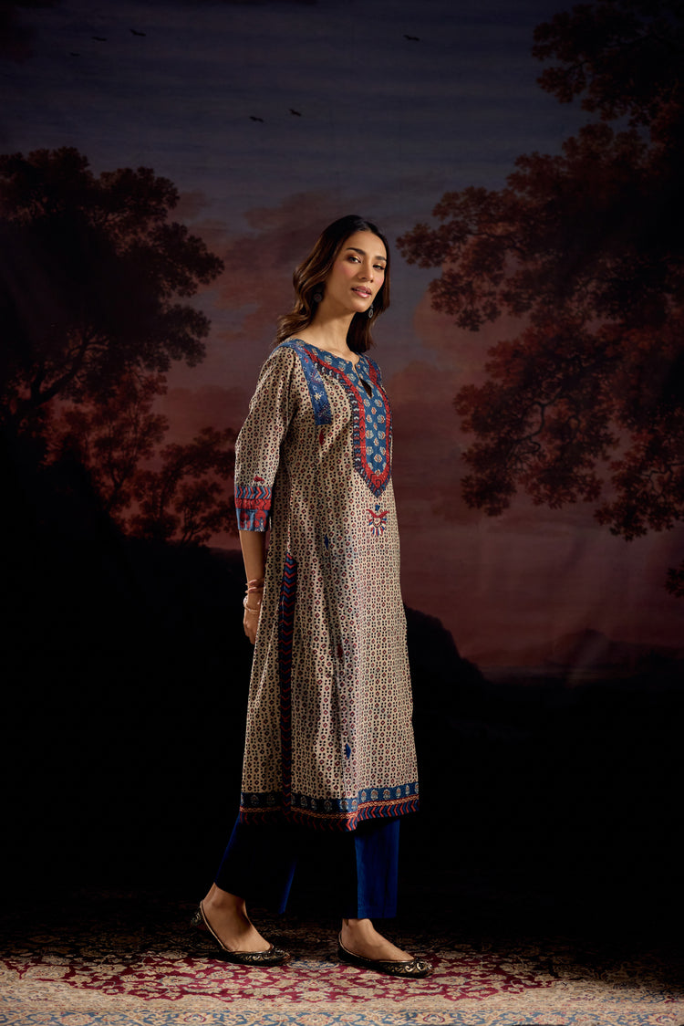 Adara Cotton Vanaspati Printed Embroidered Kurta Off Grey Blue (Set Of 3)