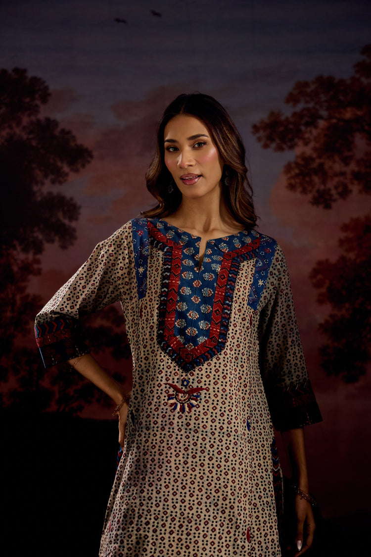 Adara Cotton Vanaspati Printed Embroidered Kurta Off Grey Blue (Set Of 3)