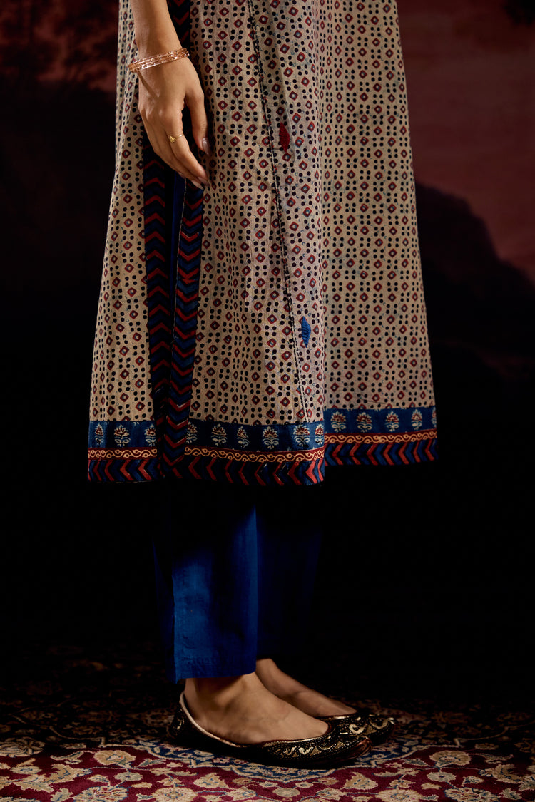 Adara Cotton Vanaspati Printed Embroidered Kurta Off Grey Blue (Set Of 3)